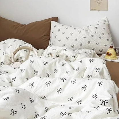 White Comforter Set Full Size Black Bow Quilt Bedding Set 3 Pieces, Comforter Set Full, Soft Lightweight Comforter(79‘’ x 90‘’) for Girl All Season & 2 Pillowcases(30‘’x20‘’)