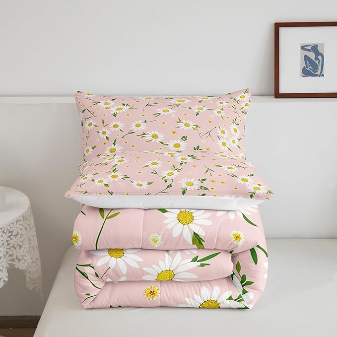 Manfei Daisy Comforter Set King Size, Yellow White Flower Quilt Set with 2 Pillowcases, Botanical Garden Artwork Bedding Set 3pcs for Kids Boy Girls Bedroom Decor Lightweight Duvet Insert