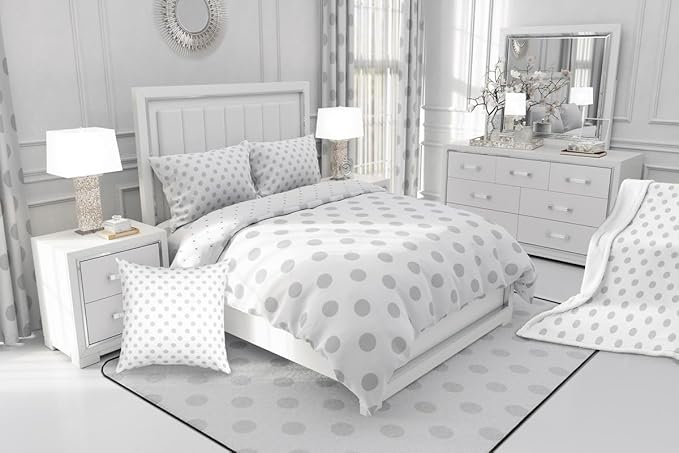 Manfei Gray Polka Dots Comforter Set King Size 3 Pcs,Geometric Circles Blue White Simple Art Bedding Set,French Style Dots Cartoon Cute Quilt Set for Adults Bedroom,2 Pillowcases