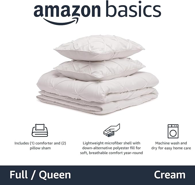 Amazon Basics Warm, Breathable Down-Alternative Comforter Set, 3-Piece Bedding with Pinch Pleat Design and Piped Edges, Soft, Full/Queen Size, Cream