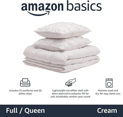 Amazon Basics Warm, Breathable Down-Alternative Comforter Set, 3-Piece Bedding with Pinch Pleat Design and Piped Edges, Soft, Full/Queen Size, Cream
