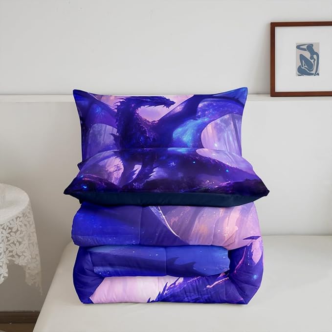 Feelyou Dragon Comforter Set King Size Jungle Dragon Comforter for Boys Girls Teens Western Dragon Bedding Set Wild Animal Duvet Set Room Decor Purple Quilt Set