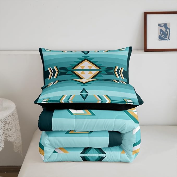 Erosebridal Turquoise Western Comforter Set Toddler Teal Southwestern Aztec Country Bedding Set Rustic Farmhouse Bedding Comforter Sets for Kids Adults Exotic Ethnic Tribal Bed Set 1 Pillow Case