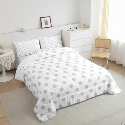 Manfei Gray Polka Dots Comforter Set Queen Size 3 Pcs,Geometric Circles Blue White Simple Art Bedding Set,French Style Dots Cartoon Cute Quilt Set for Young Adults,2 Pillowcases