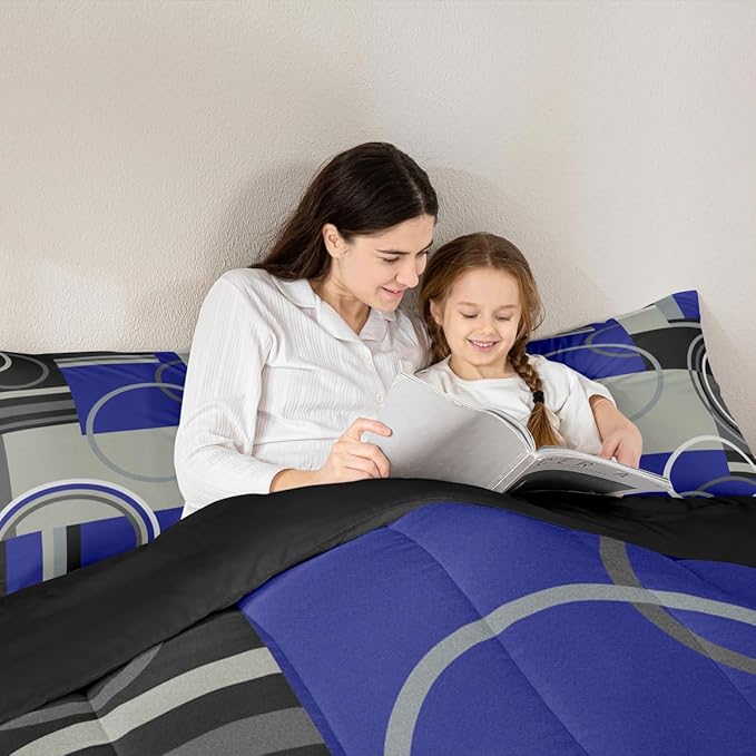Erosebridal Dark Blue Black Gray Comforter Set Full Modern Swirls Striped Bedding Set Abstract Circles Rings Duvet Set Geometric Plaid Comforter Gromment Spiral Graphic Art Down Comforter Room Decor