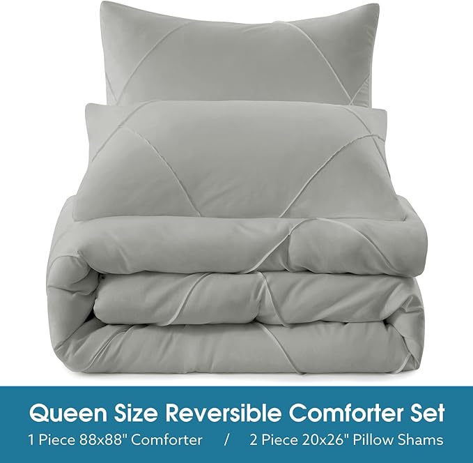 BYSURE 3 Pieces Queen Comforter Set(Grey), Lightweight Bedding Set with 2 Pillow Shams, Down Alternative Diamond Stitched Bedding Comforter for All Season