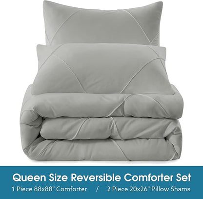 BYSURE 3 Pieces Queen Comforter Set(Grey), Lightweight Bedding Set with 2 Pillow Shams, Down Alternative Diamond Stitched Bedding Comforter for All Season