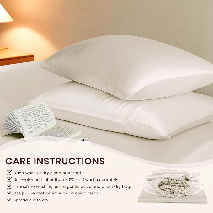 THXSILK Luxury Mulberry Silk Fitted Sheet Set 3 Pcs, Queen Silk Bed Sheet Set with 16" Deep Pockets, Soft & Cooling Sheets, 1 Fitted Sheet, 2 Pillowcases with Zipper Closure - White