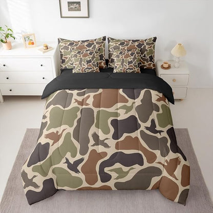Erosebridal Duck Hunting 7 Pieces Bed Set Twin Size Army Camo Comforter Set Kids Boys Green Camouflage Military Bed in A Bag with Comforter Wild Woodland Sheet Set Farmhouse Room Decor