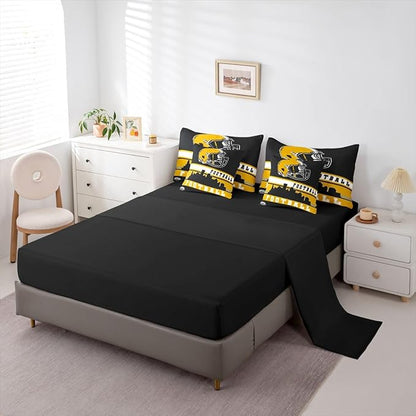 Erosebridal Football City 7 Pcs Comforter Set Twin Football Bedding Boys Girls Yellow Black Rugby Game Sheet Set Bed in A Bag Football Fans Room Decor Sports Ball Team Bed Set