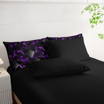 Purple and Black Geometric Comforter Set Twin Size 7PCS,Abstract Triangular Printed Bedding Set for Adults,Geometric Mordern Art Decor All Seasons with Pillowcases,Flat, Fitted Sheet
