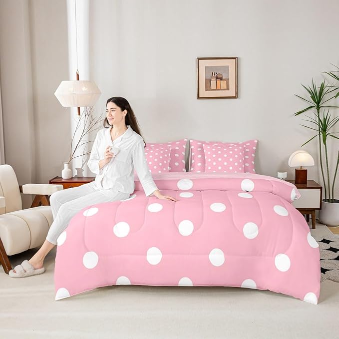 Feelyou Polka Dot 7 Piece Bedding Set Pink White Comforter Set with Sheets for Kids Boys Girls Geometric Plaid Bed in a Bag Modern Cute Bed Set Soft Lightweight