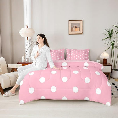 Feelyou Polka Dot 7 Piece Bedding Set Pink White Comforter Set with Sheets for Kids Boys Girls Geometric Plaid Bed in a Bag Modern Cute Bed Set Soft Lightweight