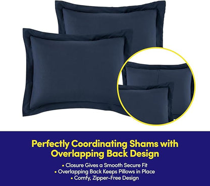 Queen Comforter Set Quilted Stripe Bedding Bundle – Comforter, Mattress Protector, Sheets with Pockets on The Side & Built-in Corner Strap – Fitted Sheet Media Pocket for Devices, Navy Blue
