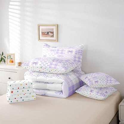 Feelyou Purple Bow Comforter Set with Sheets 7 Piece Queen Size Cute Bowknot Bed in a Bag Kids Boys Girls Bow Plaid Grid Bedding Set Princess Decor Bedroom Decor Breathable Soft Microfiber