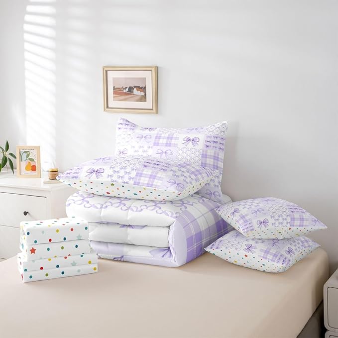 Feelyou Purple Bow Comforter Set with Sheets 7 Piece Twin Size Cute Bowknot Bed in a Bag Kids Boys Girls Bow Plaid Grid Bedding Set Princess Decor Bedroom Decor Breathable Soft Microfiber