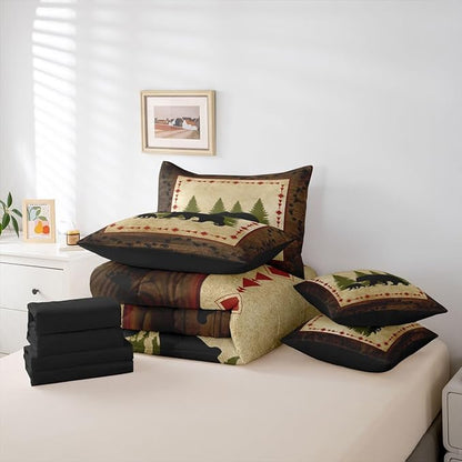 Erosebridal Bear 7 Piece Comforter Set Twin Bed in A Bag Rustic Farmhouse Wildlife Comforter Wild Animals Bedding Set Country Cabin Lodge Decor Nature Woodland Bear Paw Print Sheet Set Brown Green
