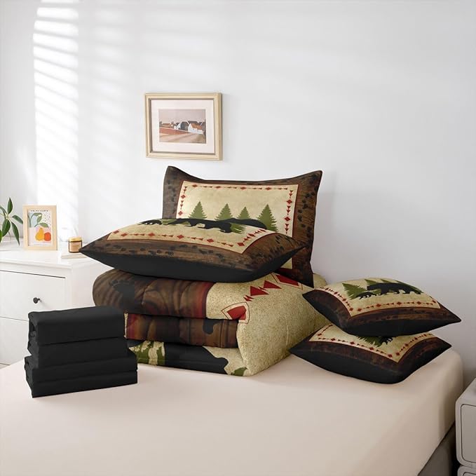 Erosebridal Bear 7 Piece Comforter Set King Bed in A Bag Rustic Farmhouse Wildlife Comforter Wild Animals Bedding Set Country Cabin Lodge Decor Nature Woodland Bear Paw Print Sheet Set Brown Green
