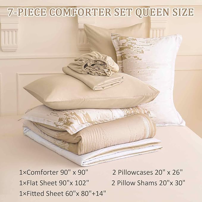WONGS BEDDING Comforter Set Queen, Ombre Beige 7 Pieces Bed in a Bag Colorful Abstract Art Gradient Comforter Soft Microfiber Bedding Set with Flat Sheet, Fitted Sheet, Pillow Shams, Pillowcases