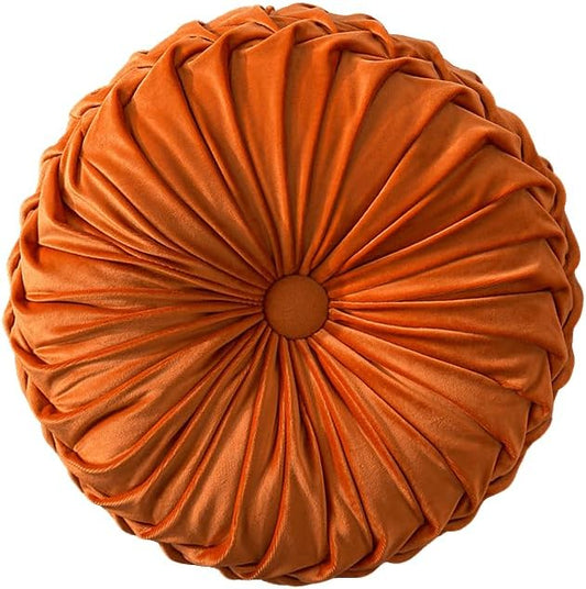 MOCOFO Round Velvet Throw Pillow, Pumpkin Shape Decorative Floor Cushion, Handcrafted Pleated Design, 14 and 16 Inch Diameter, Multiple Colors, Polyester Fill (Orange, 14")