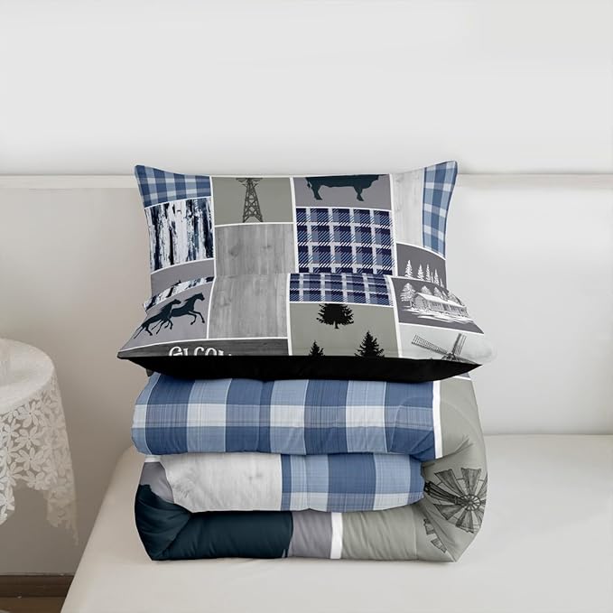 Erosebridal Western Cowboy Comforter Set King Size, Farmhouse Horse Bedding Set for Kids Boys Teens Adult Bedroom Decor, Rustic Cabin Lodge Windmill Quilt Rooster Pig Farm Animal Duvet Insert