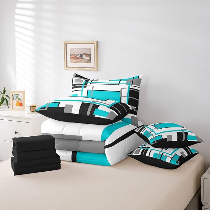 Erosebridal 7Pcs Teal Black White Geometric Abstract King Size Comforter Set,Modern Square Striped Bed in A Bag,Boho Bedding,Minimalist Contemporary Art Aesthetic Quilt Set with Pillowcases