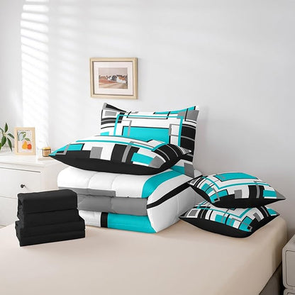 Erosebridal 7Pcs Teal Black White Geometric Abstract Full Size Comforter Set,Modern Square Striped Bed in A Bag,Boho Bedding,Minimalist Contemporary Art Aesthetic Quilt Set with Pillowcases