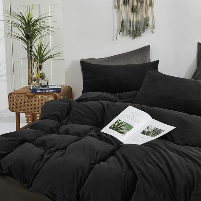 Pureant Black Velvet Comforter Sets California King Solid Black Fluffy Bedding Comforters Cal King Plain Dark Color Flannel Quilt Modern Minimalist Blanket Micromink Sherpa Plush Bed