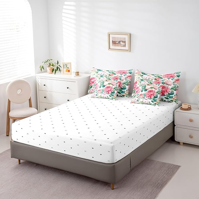 Feelyou Flower Comforter Set King Size 7 Pieces Palm Leaf Bedding Set for All Season Floral Blossom Tropical Botanical Nature Decor Bed in a Bag with Comforter, Sheets, Pillowcases & Cushion Cover
