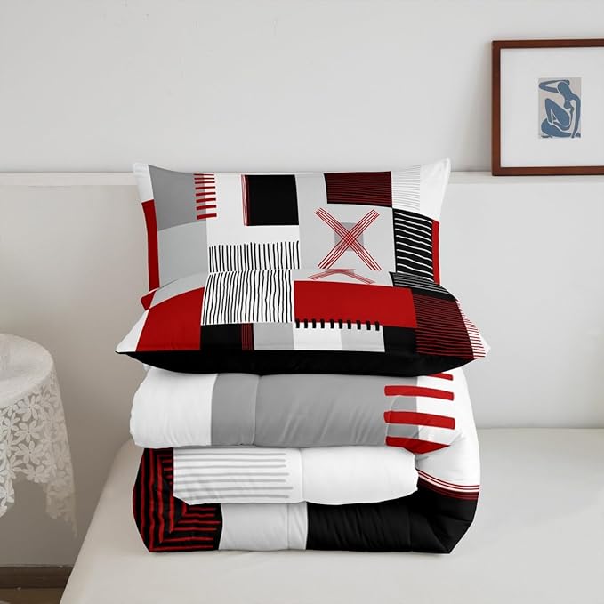 Erosebridal Red Grey Comforter Set King for Kids Boys Teen Black White Abstract Bedding Set Modern Fashion Room Decor Geometric Square Quilt Grids Checkered Duvet Insert 3 Pcs