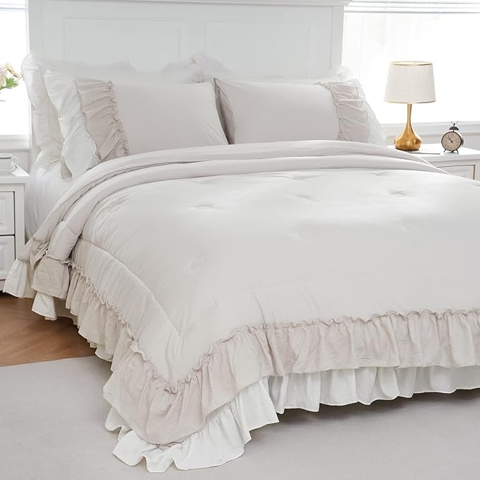 Boho Comforter Queen Shabby Chic Bedding Comforter Set 2 Layers Bohemian Ruffles Home Decor Farmhouse Comforter Cream Bed Comforters
