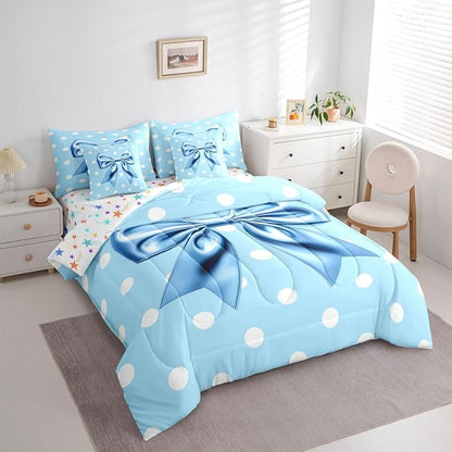 Feelyou Blue Bowknot 7 Piece Bedding Set Polka Point Comforter Set with Sheets for Kids Boys Girls Cute Bow Bed in a Bag Princess Theme Bed Set Soft Lightweight