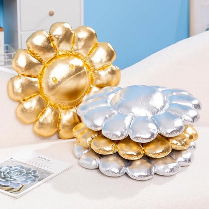 FIONOUT Gold Flower Pillow,16.53" Sunflower Pillows for Bedroom Soft Smiley Face Pillow Flower Floor Cushion,Cute Small Decorative Pillow Preppy Room Decor