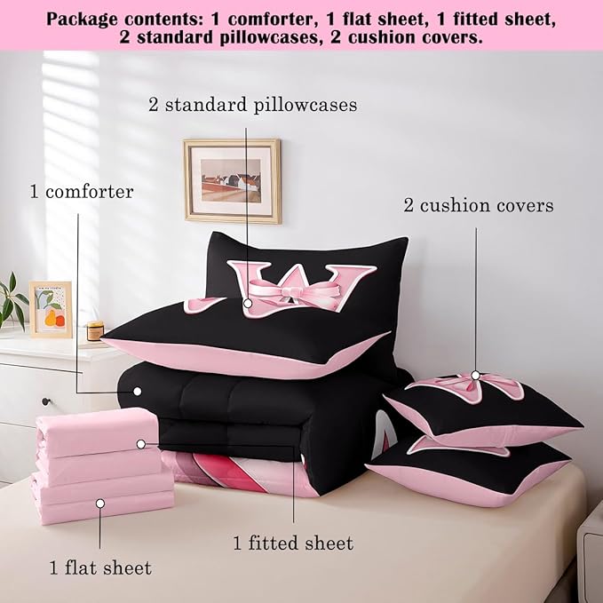 jejeloiu Kawaii Pink Bow Full Comforter Set with Sheets,Gifts for Women Teen Girl,Monogrammed 7 Piece Bedding Set,Soft Personalized Initial Letter W Bed in a Bag with Comforter,Sheets,Pillowcases