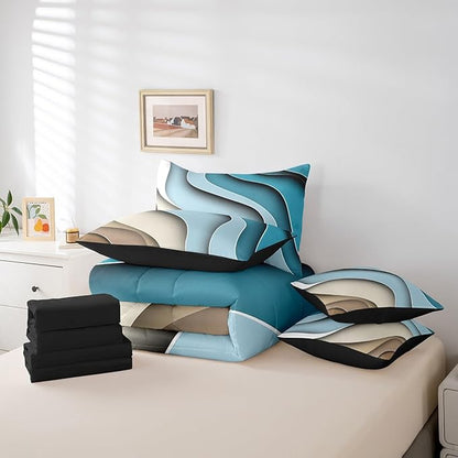 Erosebridal Blue Beige Brown Ombre Bedding King Size 7-Piece for Boys Geometric Stripe Comforter Set, Aesthetic Wave Bedding Comforter Sets Modern Abstract Bed in a Bag, Gradient Bedding Accessories