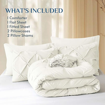 JOLLYVOGUE California King Comforter Set 7 Pieces - Bed in a Bag Cal King for All Season, Pintuck Bedding Comforter Sets with Comforter, Flat Sheet, Fitted Sheet and Pillowcases & Shams, Ivory