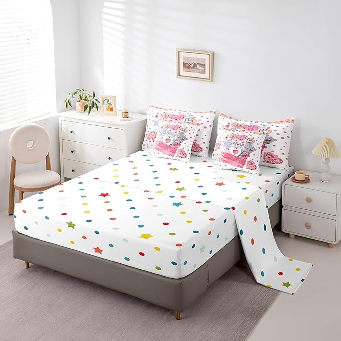 Feelyou Girls Like Cartoon Cute 7 Piece Bedding Set Queen Size Heart-Shaped Design Bed in a Bag for Adult Pink Envelope Comforter Set with Sheets Pink Polka Dot Room Decor Romantic Bed Set