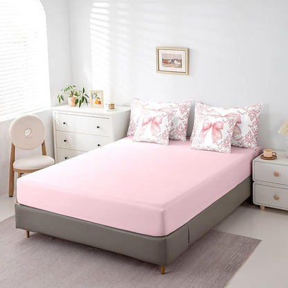 jejeloiu Girls Pretty Ribbon Pink Bow 7 Piece Bedding Set Full Size Pink Damask Comforter Set with Sheets for Kids Women Cute Bow Bed in a Bag Princess Bed Set