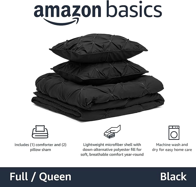Amazon Basics 3-Piece All-Season Soft Down-Alternative Comforter Bedding Set, Pinch Pleat Design with Piped Edges, Full/Queen, Black