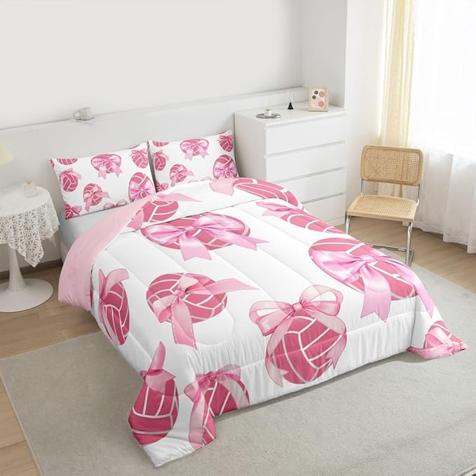 Bowknot Volleyball Comforter Set Queen Size,Pink Bow Knot Print Bedding Sets 3Pcs for Kids Girls Women Room Decor,Ball Sport Games Theme Quilted Duvet Cute Cartoon Girly Down Comforter,2 Pillowcases