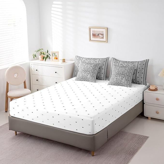 Comforter Set King Size, Grey Damask Aztec 7 Pcs Bedding for Kids and Adults, Antique Decor Western Baroque Gothic Floral Bed Sheet Sets with Fitted Sheet 2 Pillowcases & 2 Shams for Bedroom Bed Decor