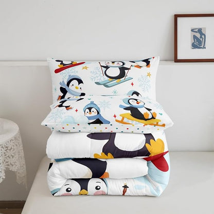 Cute Cartoon Skiing Penguin Boys Girls Comforter Set,Merry Christmas Theme Duvet Set for Room Decor,Winter Snowflake New Year Brushed Microfiber Soft Quilt Cover,Full