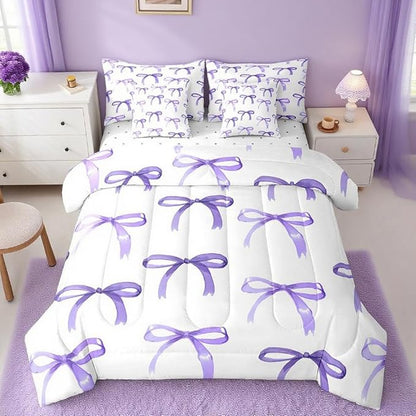 Feelyou Bow Bedding Set for All Season Boys Girls Full Size Purple Girls Bow 7 Pieces Comforter Sets for Kids Women Men Cute Bowknot Bed in a Bag with Comforter, Sheets, Pillowcases & Cushion Cover