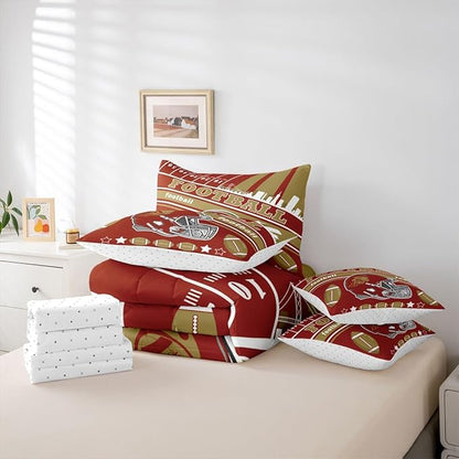 Feelyou Football 7 Pieces Comforter Sets Queen Size Kids Rugby Sports Bedding Set for Boys Kids Teen Sports Theme Bed in a Bag with Comforter, Sheets, Pillowcases & Cushion Cover