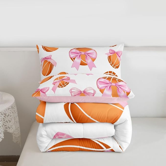Bowknot Basketball Comforter Set King Size,Pink Bow Knot Print Bedding Sets 3Pcs for Kids Girls Women Room Decor,Ball Sport Games Theme Duvet Insert Cute Cartoon Girly Down Comforter,2 Pillowcases