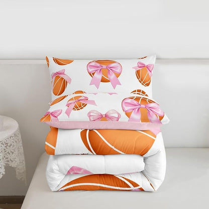 Bowknot Basketball Comforter Set Twin Size,Pink Bow Knot Print Bedding Sets 2Pcs for Kids Girls Women Room Decor,Ball Sport Games Theme Quilted Duvet Cute Cartoon Girly Down Comforter,1 Pillowcase