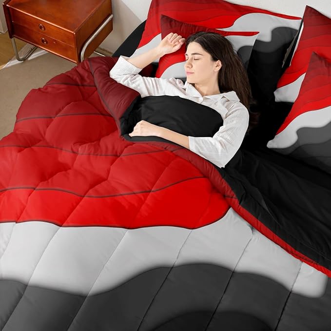 Red Grey Black Ombre Bedding Comforter Sets 7pcs Kids Teens Adults Geometric Stripe Bed in a Bag, Aesthetic Wave King Bedding Sets Modern Abstract Comforter Set, Gradient Bedding Sets & Collections