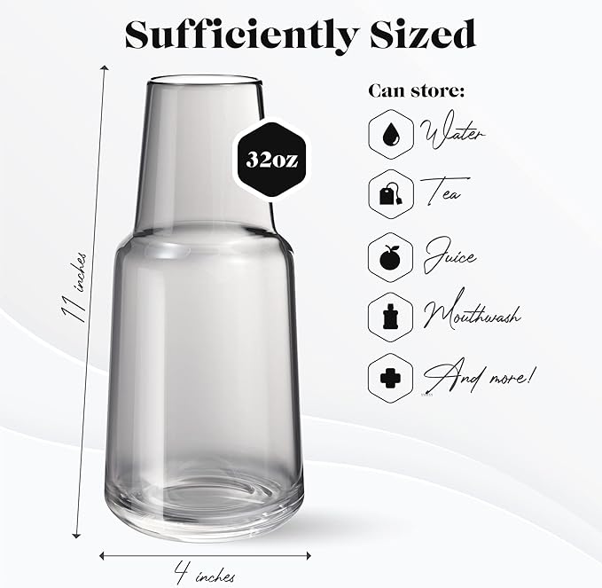American Atelier 32 oz Bedside Water Carafe Set – 11" Glass Pitcher with Footed Tumbler Lid for Nightstand, Guest Room, Office, Bathroom, Durable, Stylish Drinkware for Everyday Use (Gray)