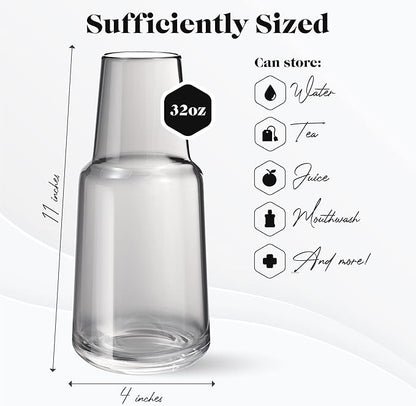 American Atelier 32 oz Bedside Water Carafe Set – 11" Glass Pitcher with Footed Tumbler Lid for Nightstand, Guest Room, Office, Bathroom, Durable, Stylish Drinkware for Everyday Use (Gray)
