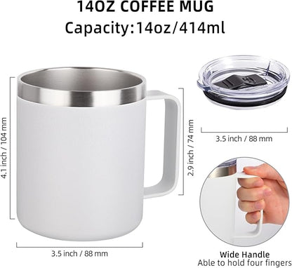 Volhoply 14oz Insulated Stainless Steel Coffee Mug with Lid Bulk 2 Pack,Double Wall Vacuum Travel Coffee Cup with Handle,Reusable Cups Tumbler Cup,Camping Mugs Keep Hot,Ideal Gifts(Assorted,2)